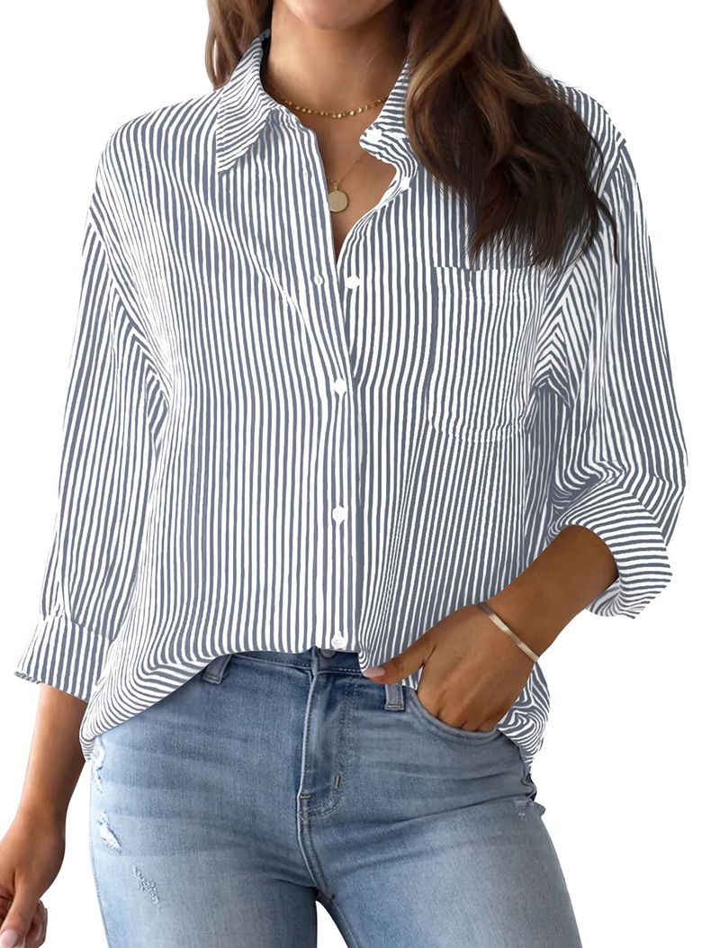 Camicia da lavoro classica a maniche lunghe a righe con top ampio e tasca da donna_voghion.com