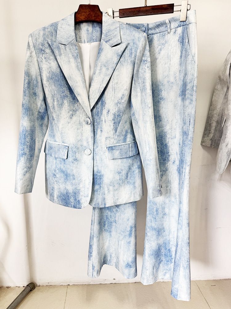 Vêtements pour femmes début du printemps, nouveau costume slim à imprimé tie-dye, mi-long, veste, pantalon, costume deux pièces_voghion.com