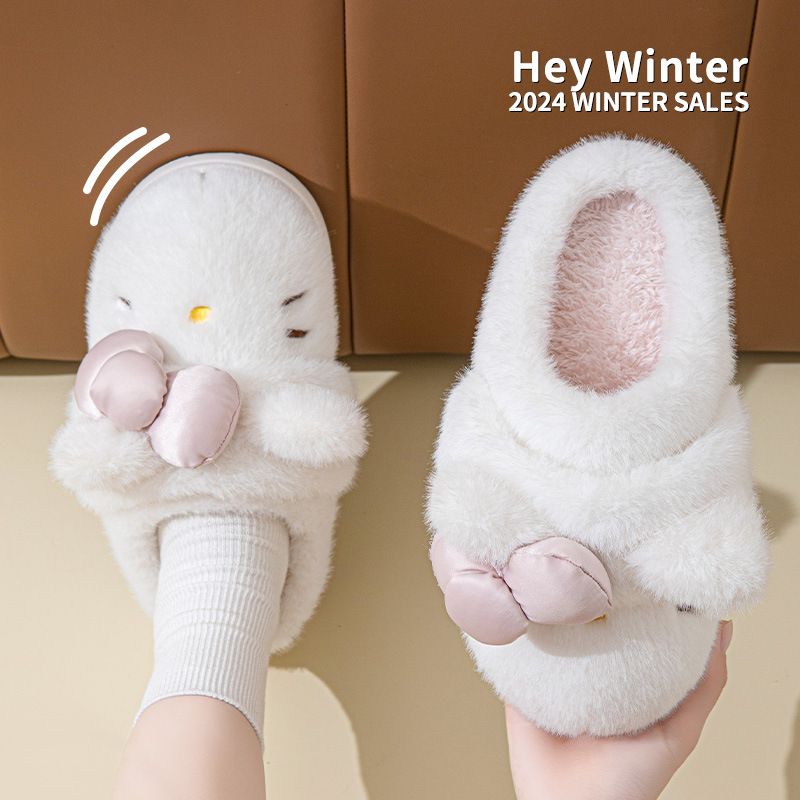 MTX Niedliche Katze Bowknot Paar Baumwolle Frauen Winter Indoor Home Warm Fleece Dicke Sohle Pelzigen Hausschuhe Für Männer_voghion.com