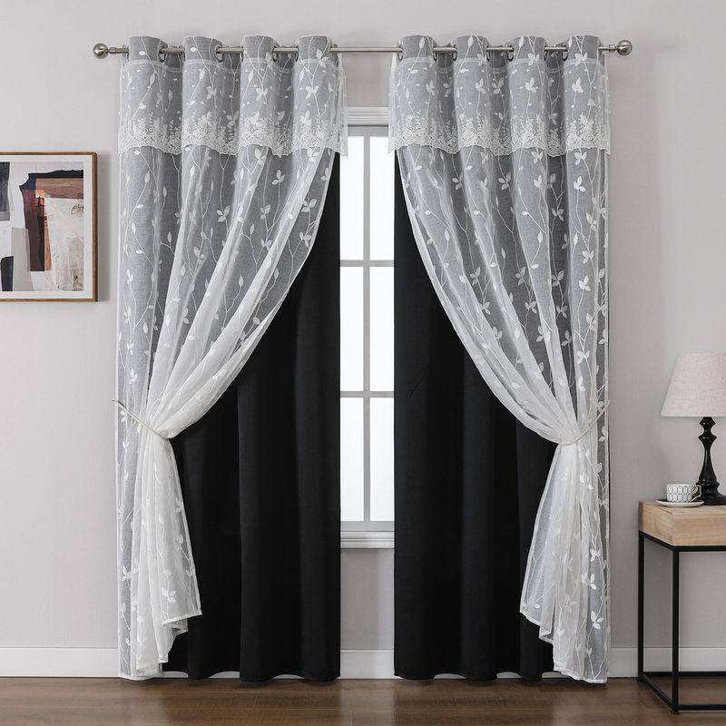 Verdunkelungsvorhänge aus Voile mit bestickten Blättern – doppellagige, transparente und verdunkelnde Vorhänge für Wohnzimmer, Schlafzimmer und Büro_voghion.com