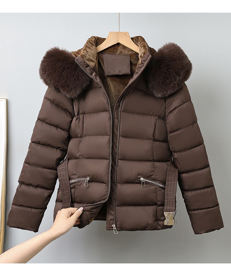 Fleecegevoerde ski-jas voor dames met riem - warme winterjas, capuchonjas met rits, dikke, geïsoleerde bovenkleding voor wintersporten_voghion.com