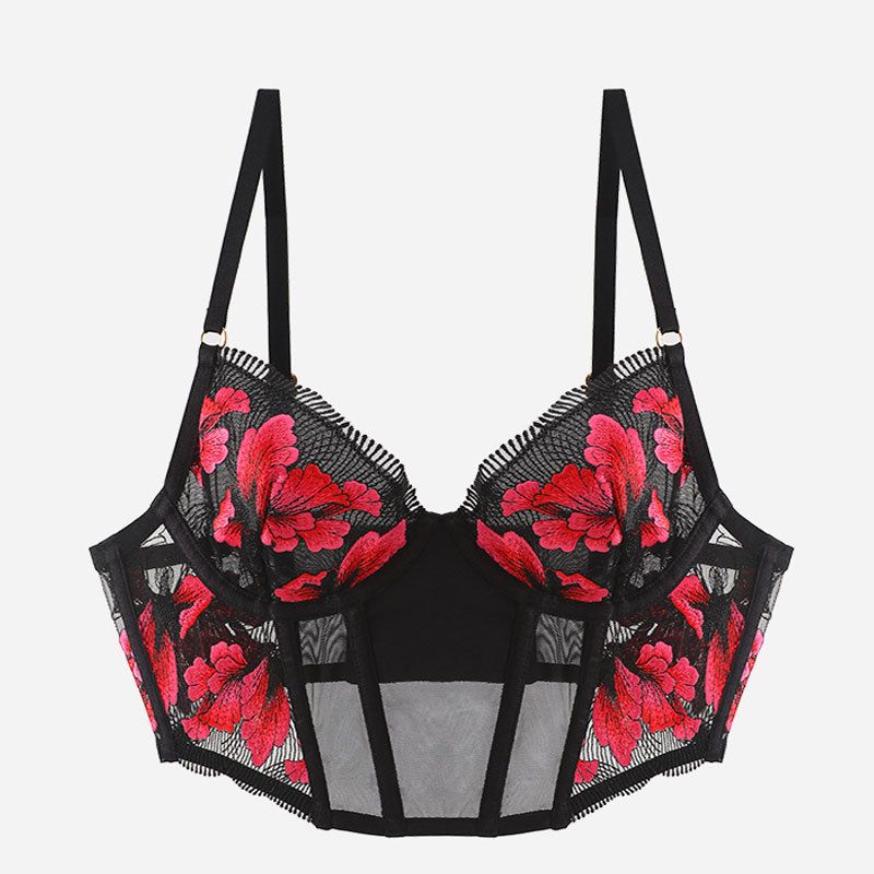 Women's Intimates Fishbone Ins Gather Small Chest To Show Big Anti Drooping High Quality Embroidered Eyelash Underwear 2 Piece Set_voghion.com