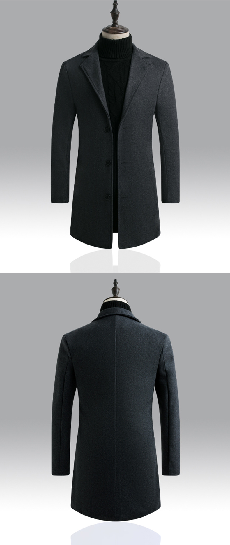 Cappotto da uomo medio lungo in lana slim slim semplice trench in stoffa tinta unita_voghion.com