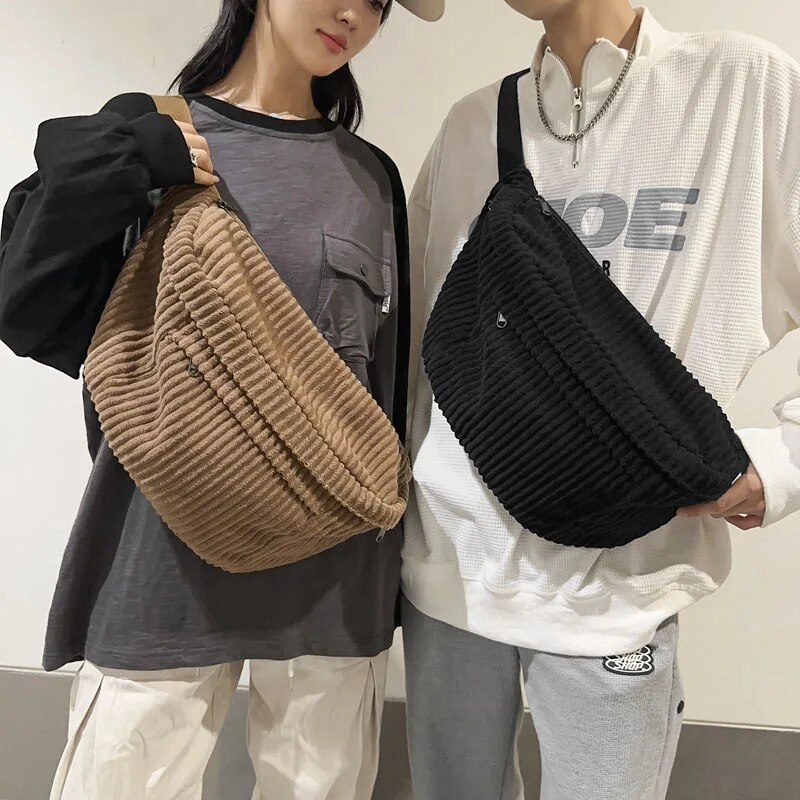 Marsupio da donna in velluto a coste di grande capacità Marsupio casual Borsa a tracolla stile accademico Borsa a tracolla unisex Borsa a tracolla_voghion.com