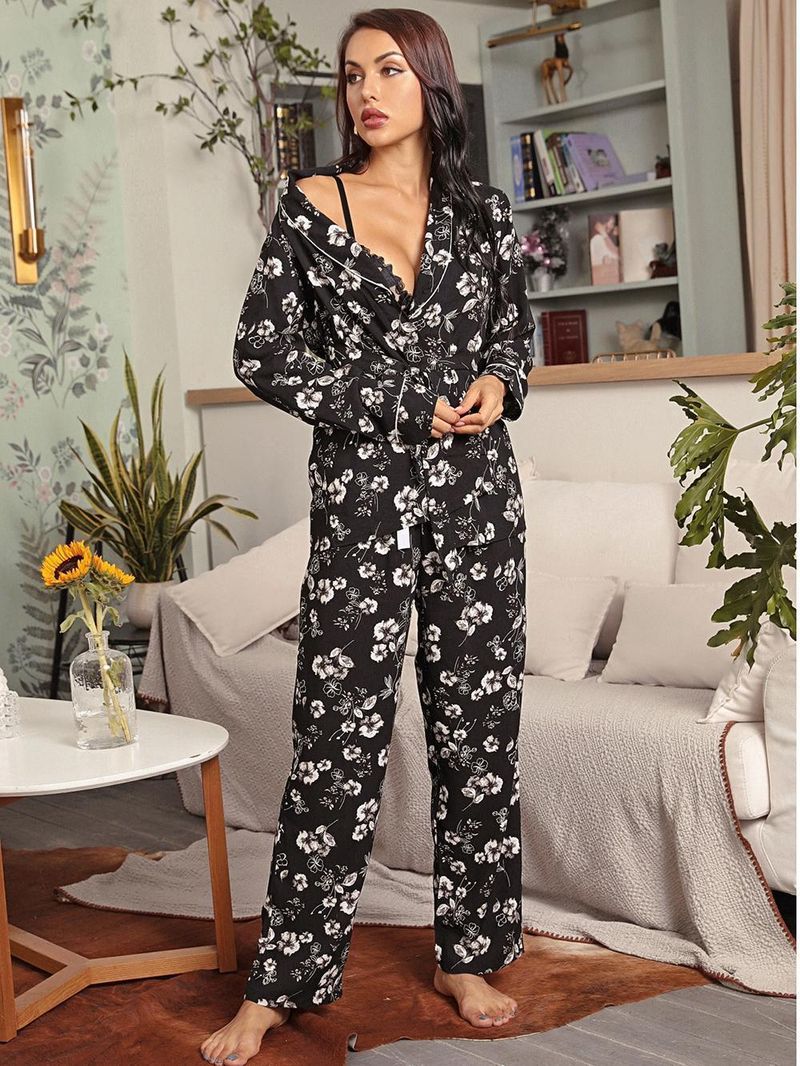 Homewear Herbst Winter Ärmel Krawatte Robe Lange Hosen Zweiteiliger Pyjama für Frauen_voghion.com