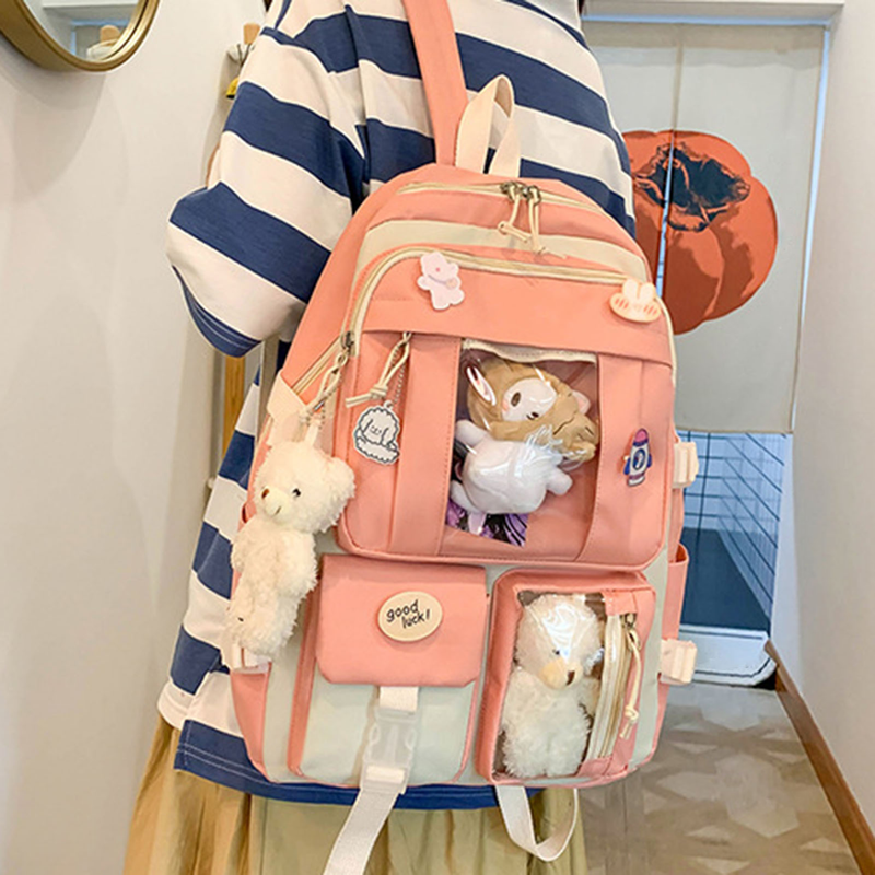 Lihao 5Pcs/Set Student Backpack Adjustable Straps Korean Style Canvas Bookbag Messenger Bag Pencil Case for School-Green_voghion.com