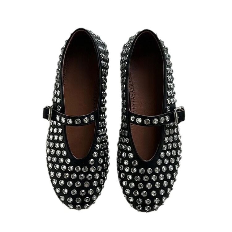 High Verion 2025 Neue Mary Janes aus echtem Leder mit runder Spitze und Strasssteinen, flach, bequem, für Damen, Ballett_voghion.com