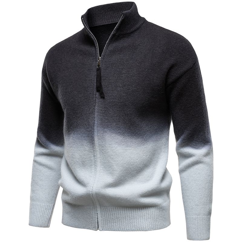Men's Clothing Stand Collar Zipper Men's British Style Gradient Color Zip-Up Knit Sweater With Stand Collar, Casual Pullover For Autumn & Winter_voghion.com