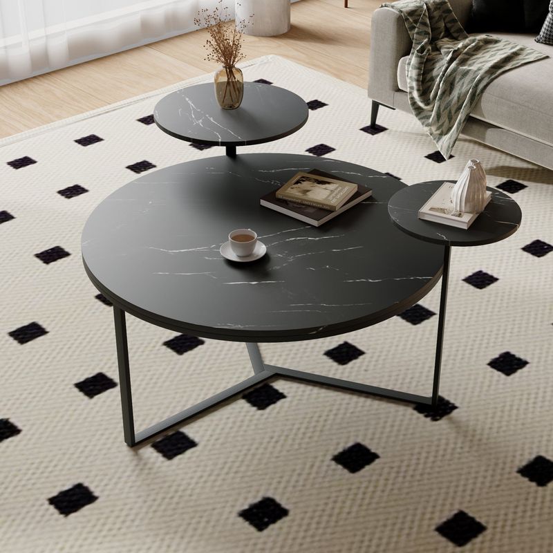 Modern Coffee Table With Two Display Shelves, Black Marble Surfaces, Tripod-inspired Base,Rounded Tabletop Edges_voghion.com
