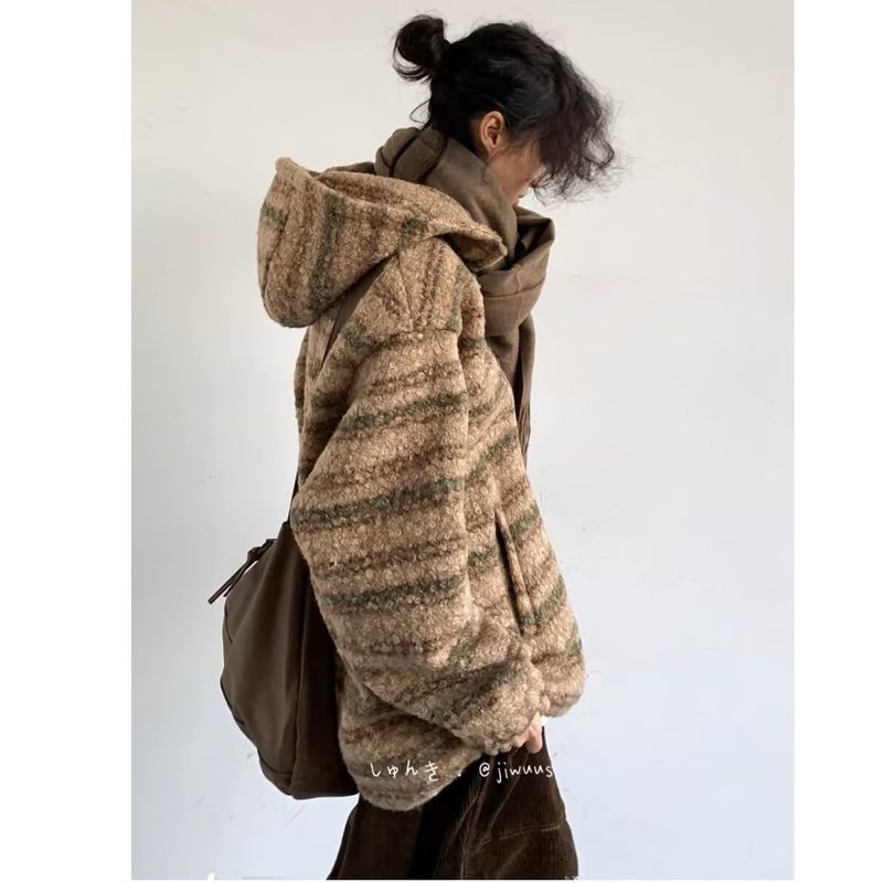 Giacca a righe di lana casual da uomo, con cappuccio spesso e pesante, autunnale_voghion.com