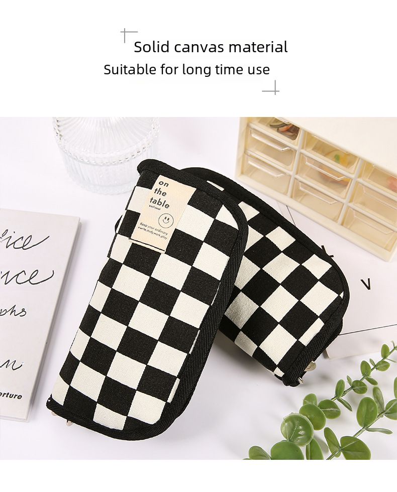 ins style black and white checkerboard pencil bag large capacity stationery bag canvas student simple high value pencil bag wholesale_voghion.com