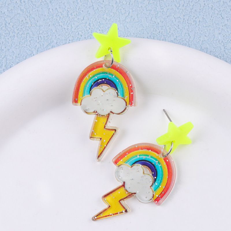 Orecchini pendenti colorati a forma di stella a cinque punte, con borchie in acrilico, a forma di nuvola, arcobaleno e cartone animato, per donna_voghion.com
