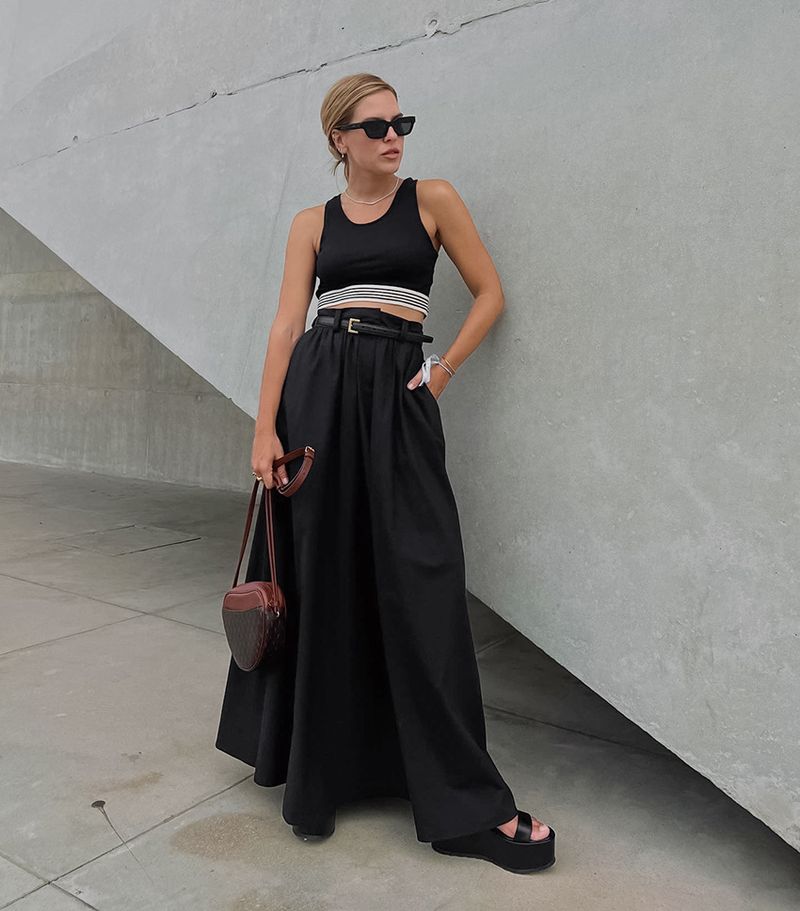 Damen-Rock mit einfarbiger Tasche, hüfthoher Taille und lockerem Rock_voghion.com