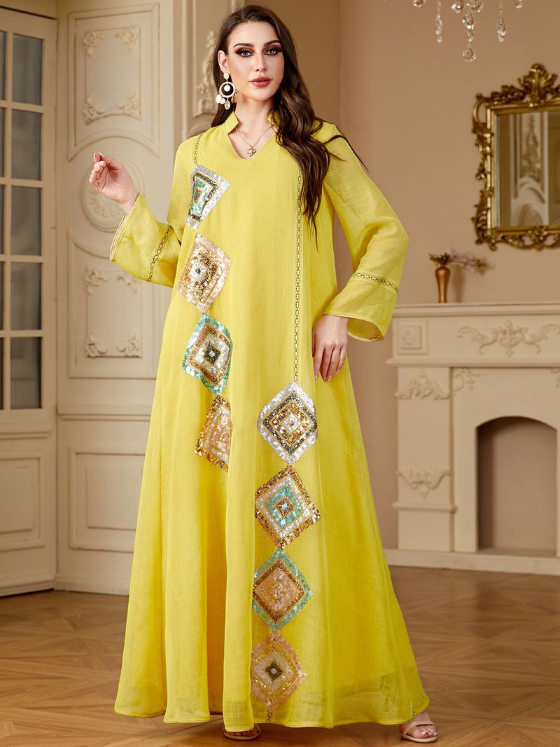Women's Clothing Muslim Middle East Sleeved Abaya Sequined Long Skirt Saudi Arabia Dubai Dress_voghion.com