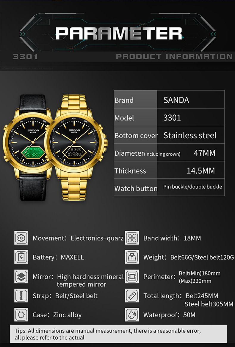 Stainless Steel Digital Analog Watch With LED Backlight, 50M Waterproof, Day/Date Display, Durable Outdoor Sport Watch For Casual & Active Wear_voghion.com