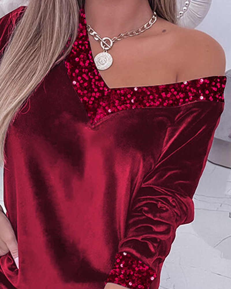 Women's V-neck long-sleeved sequined sweatshirt and pants suit_voghion.com