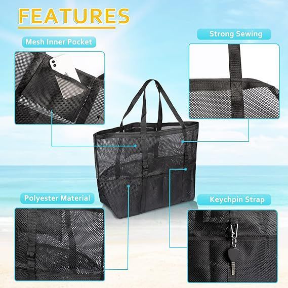 Borsa da spiaggia in rete di grandi dimensioni - Organizer da viaggio per articoli da toeletta di grandi dimensioni con manici, impermeabile e leggera (perfetta per vacanze, piscina, palestra)_voghion.com