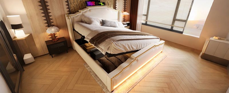 Lit double 140 x 200 cm avec coffre hydraulique, éclairage LED et port de charge USB-C, lit coffre avec sommier à lattes, velours beige, matelas inclus_voghion.com