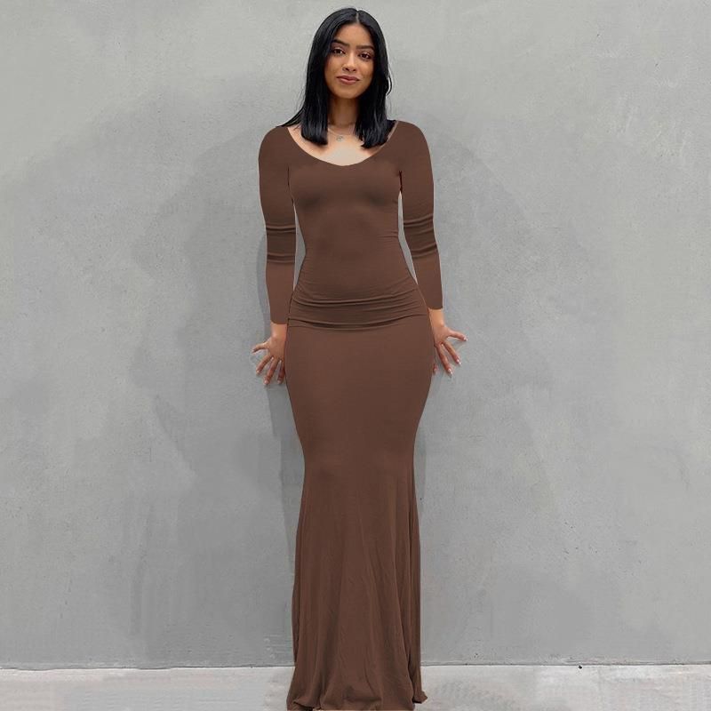 Damenbekleidung Langes Kleid Lässiges, schmales, langärmliges Heimkleid_voghion.com