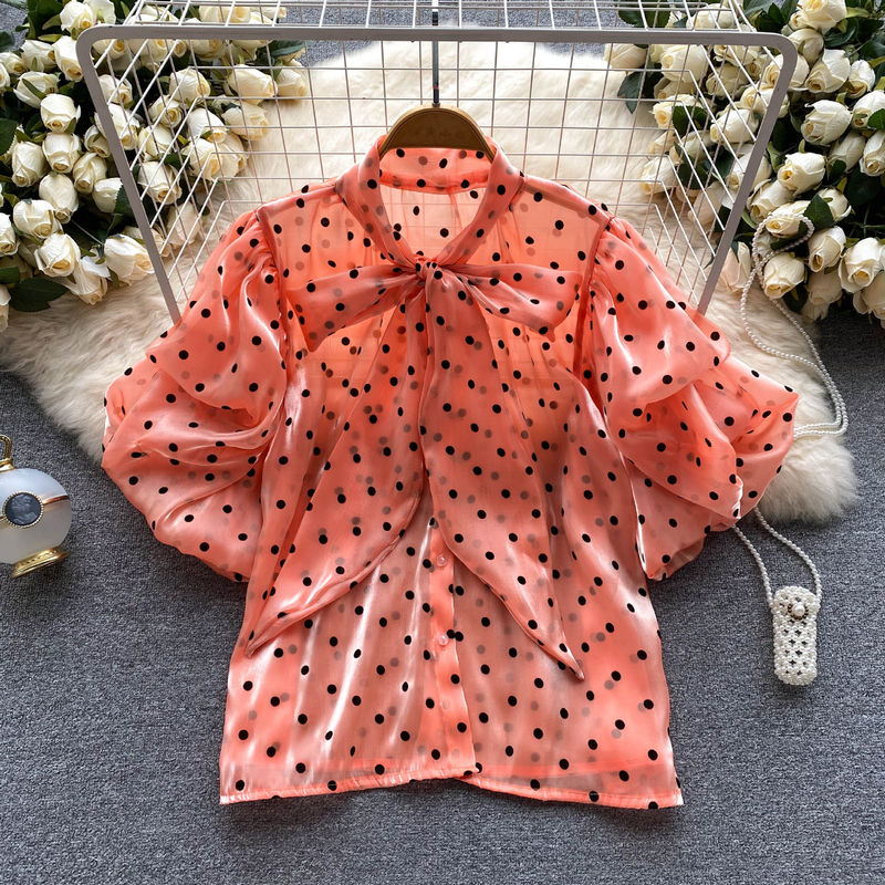 Women's puff sleeve tie bow polka dot shirt thin see-through loose slimming temperament chiffon shirt_voghion.com