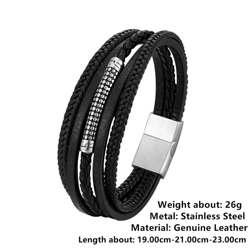 Bracciale multistrato in vera pelle intrecciata a mano, bracciale da uomo in acciaio inossidabile in stile etnico_voghion.com