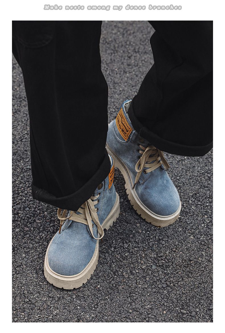 Men's Chunky Sole Cowboy Denim Ankle Boots - Retro Work Boots With Mid-Calf Height & Lace-Up Design For Casual & Streetwear_voghion.com