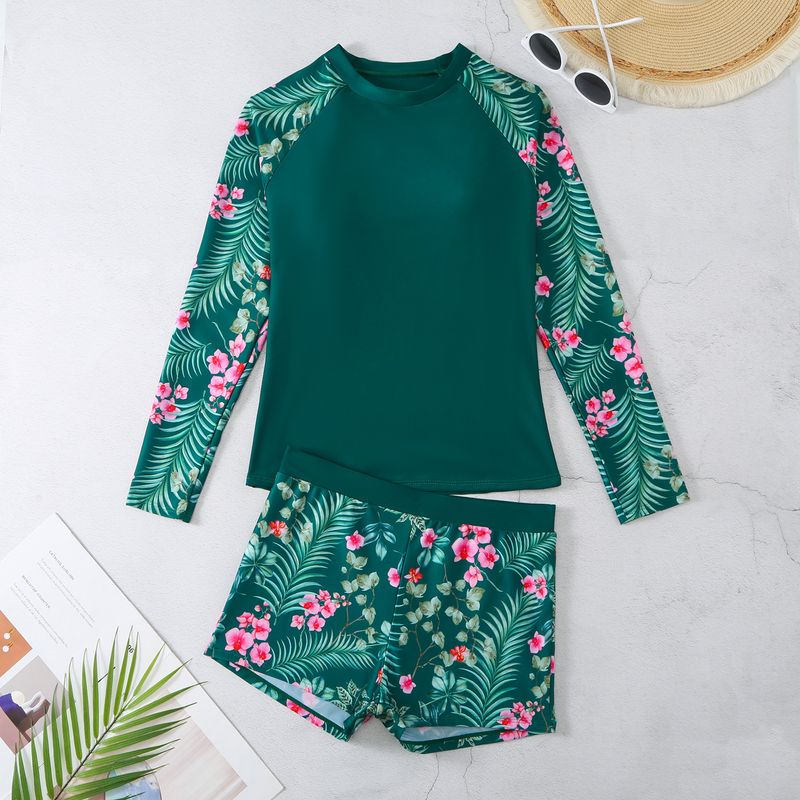 Women's Clothing Color Matching Surfing Diving Holiday Swimsuit Multi Color Printing Long Sleeved Sunscreen Split Swimsuit_voghion.com