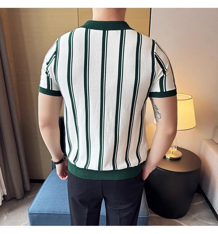 Abbigliamento maschile Polo da uomo in seta lavorata a maglia di alta qualità, a maniche corte, stile estivo, alla moda, a righe, con cerniera_voghion.com