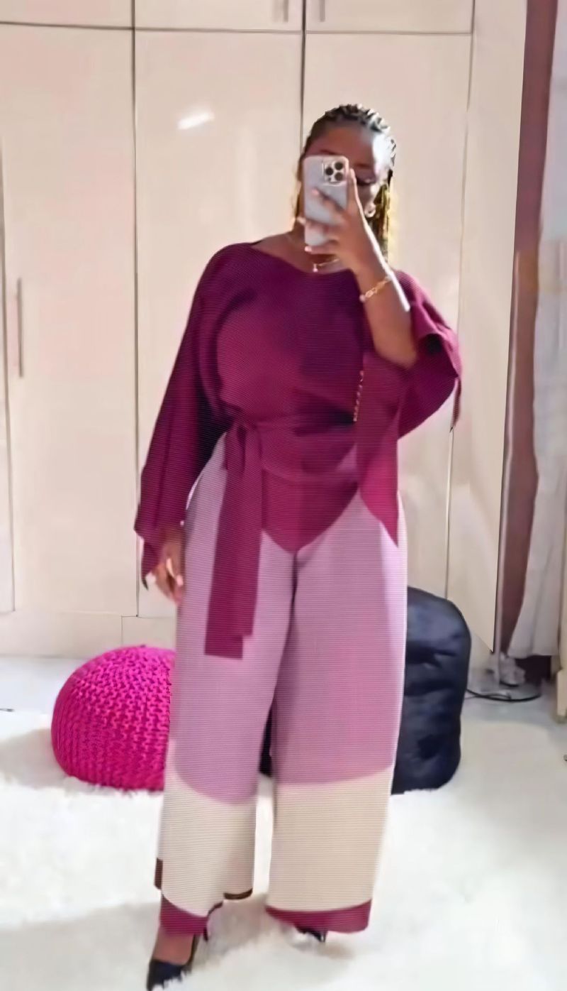 Women's Clothing three house pleated patchwork top + wide leg straight pants two piece set_voghion.com