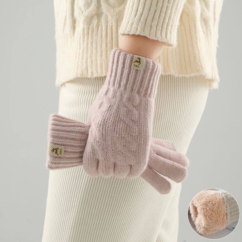 Guantes de invierno para mujer, cálidos, gruesos, resistentes al frío, bonitos, de lana, tejidos, elásticos, para estudiantes, para montar a caballo, con pantalla táctil, estilo primavera y otoño_voghion.com