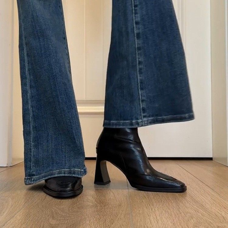Koreanischer Stil, klobige quadratische Zehenpartie, kurze, dehnbare, schlanke Damenstiefel mit Reißverschluss hinten und hohem Absatz_voghion.com