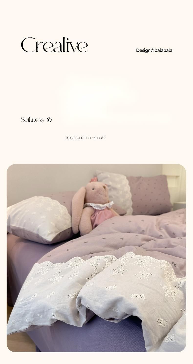 Parure de lit de style français de classe A, quatre pièces, housse de couette en gaze de coton pur, double couche, drap-housse d'été pour dortoir_voghion.com