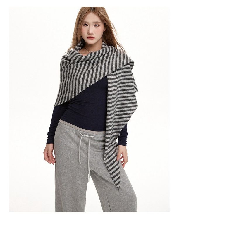 Striped Sweater Shawl Women, Zoom Autumn New, Warm Triangle Hundred With High-end, Outside The Knitted Scarf Suitable For Ladies_voghion.com