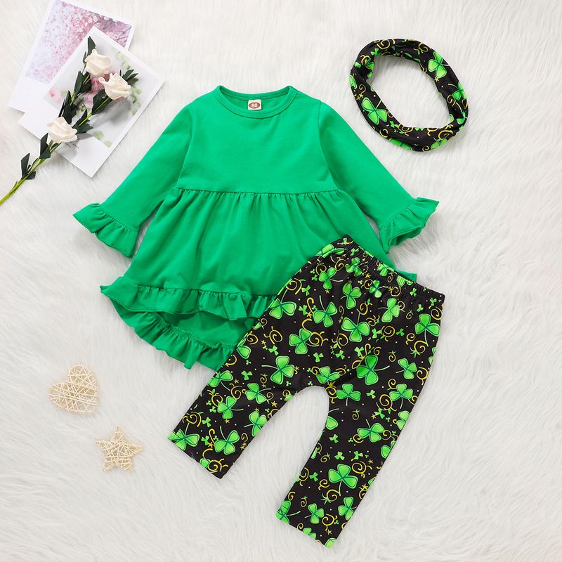 St. Patrick's Day Girls' Outfit – 3-Piece Green Tuxedo Dress + Clover Print Pants & Scarf Set (100-140cm, 3-8 Years)_voghion.com
