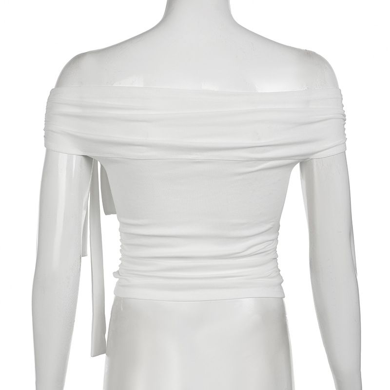 Top in maglia irregolare con nastro annodato dal design personalizzato per donna con scollo a spalle scoperte, maglietta estiva slim fit tinta unita di base_voghion.com