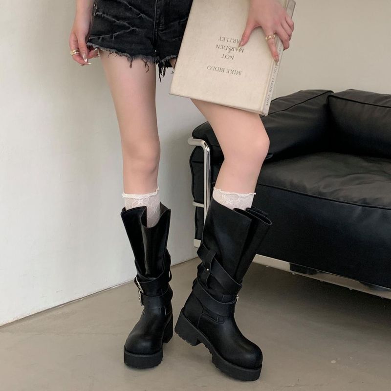 Women Boxing Boots 2025 Autumn Winter New Dark Style Belt Buckle Motorcycle Boxing Thick Sole Mid-Calf Riding Boots For Women_voghion.com