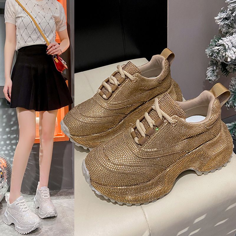 Modische Damen-Sneaker mit Strasssteinen – klobige Plateauschuhe für mehr Körpergröße, atmungsaktives Obermaterial aus PU, lässige und trendige Low-Top-Schnürschuhe_voghion.com