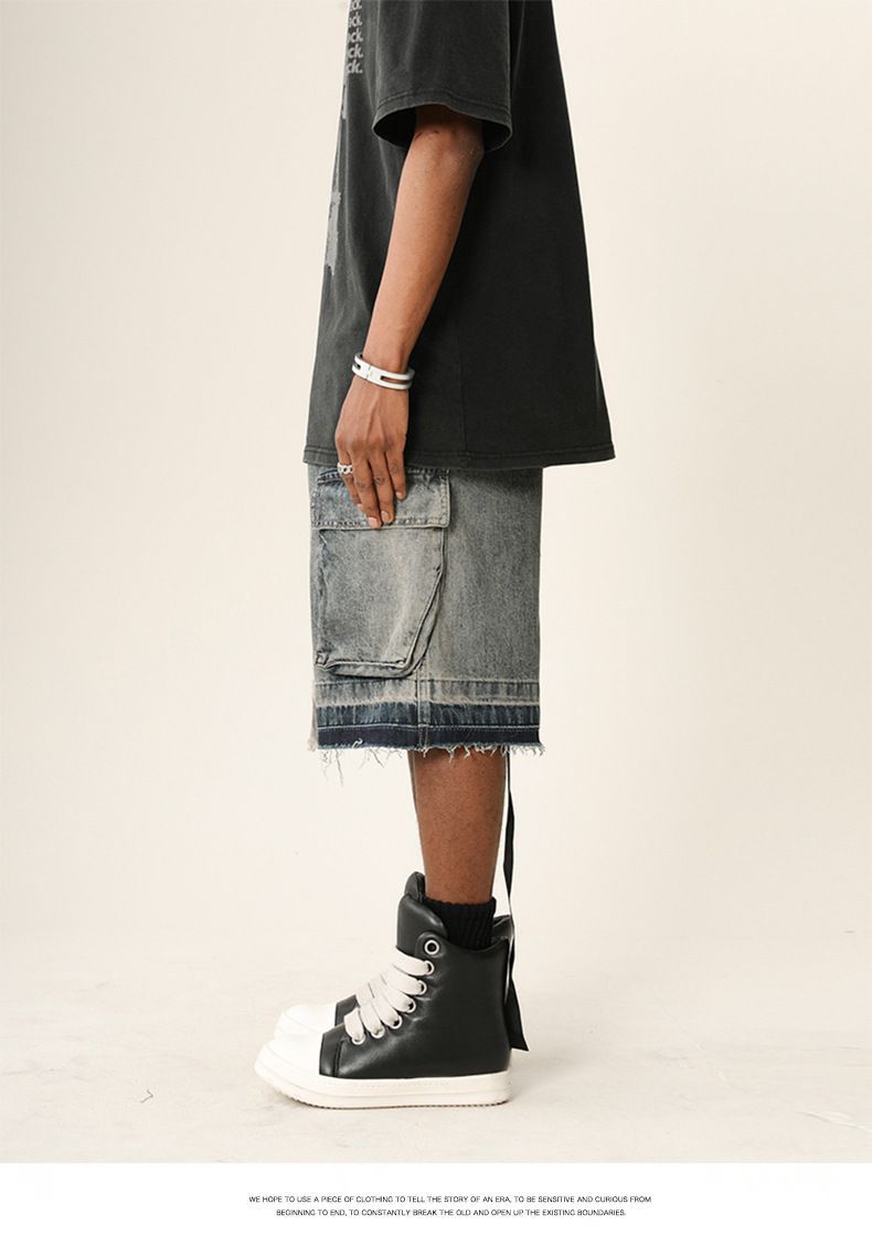 Herreklær High Street Vibe Vasket, slitt denimshorts med rå kanter Trendy merkevare Løse shorts med flere lommer_voghion.com