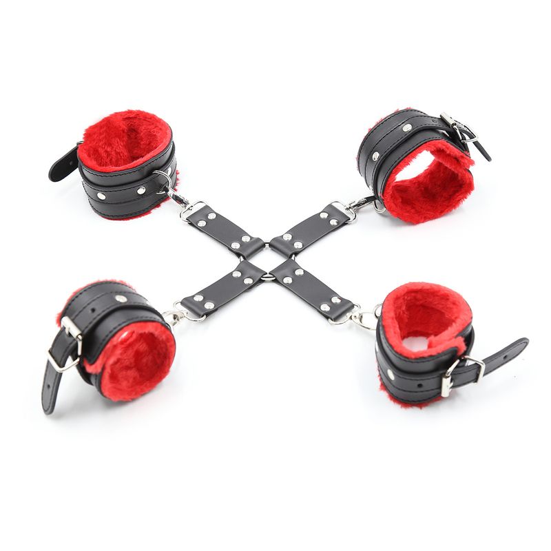 Handschellen & Fußfesseln aus Leder & Pelz - Rot/Schwarzes Bondage-Set mit Kreuzfessel_voghion.com