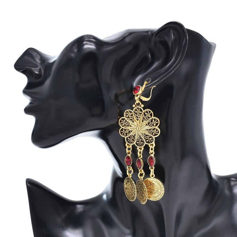 Collana in lega intarsiata per donna, orecchini a strozzo con nappe e moneta a forma di fiore cavo, set di due pezzi_voghion.com