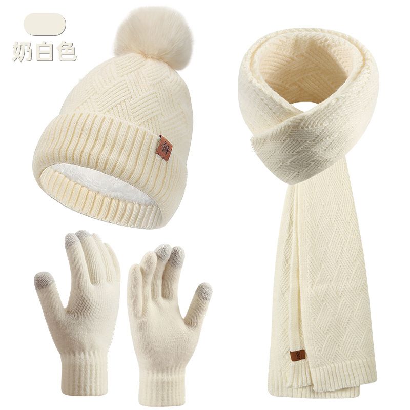 Schal Handschuhe Dreiteiliges Set Für Damen Herbst Winter Outdoor Warm Doppellagiges Garn Strickmütze_voghion.com