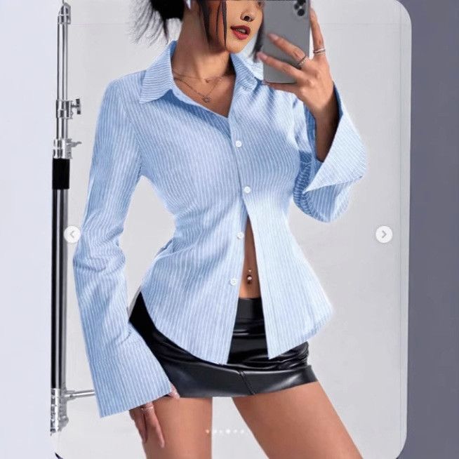 Camicia casual a righe con bottoni per uomo e donna – Cardigan aperto sul davanti a maniche lunghe slim fit con colletto classico_voghion.com