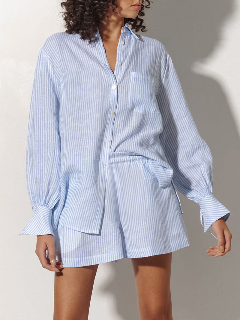 Ensemble chemise rayée en pur coton, style décontracté européen et américain, short à manches longues, ample, vêtements pour femmes, costume deux pièces, mode 2024_voghion.com