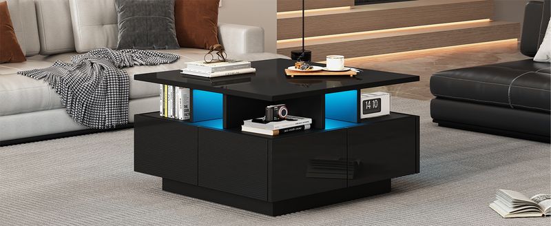 Table basse de salon noire brillante 70 x 70 x 40 cm avec éclairage LED, table d'appoint à 4 tiroirs, design géométrique, capacité de charge de 30 kg._voghion.com