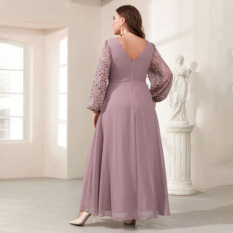 Elegantes Abendkleid aus Satin mit V-Ausschnitt und langen Ärmeln in Übergröße und Pailletten – A-Linien-Kleid für Partys und besondere Anlässe_voghion.com