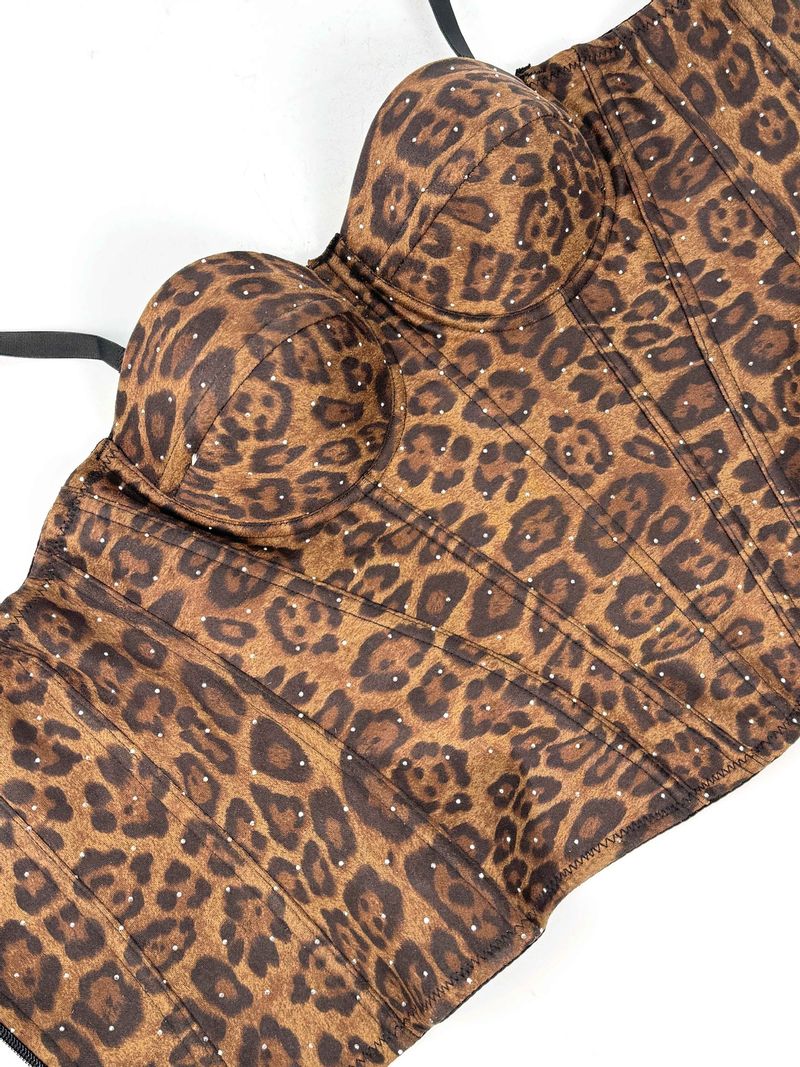 Women's Clothing Golden Brown Leopard Suede Short Vest Camisole Inner Wear Can Be Worn Outside Elastic Gathered Fishbone Body Shaping Bra_voghion.com