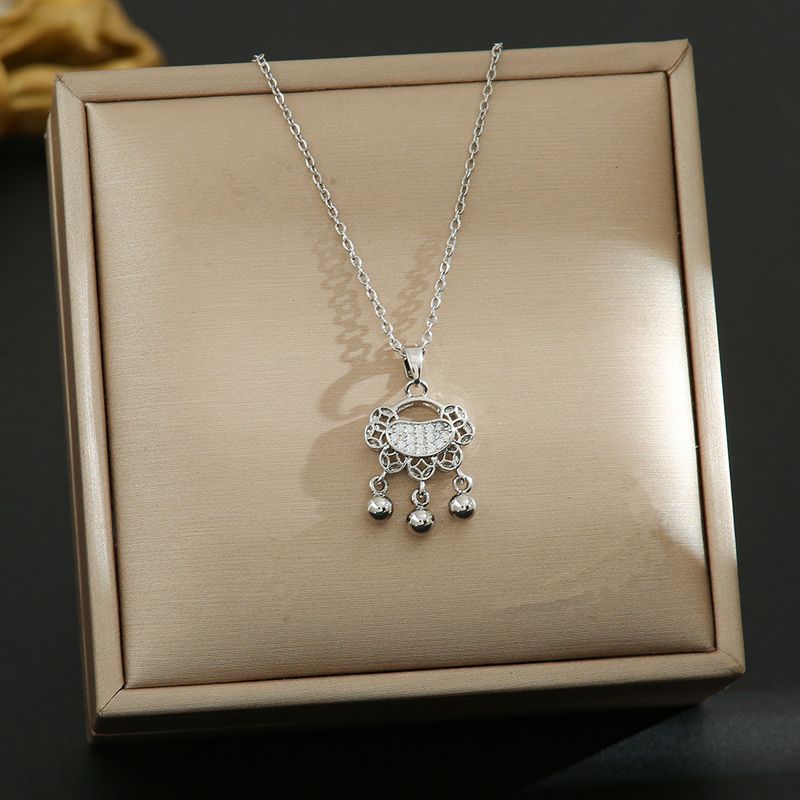 Chinese Style Copper Coin Tassel Long Life Lock Pendant With Micro Inlaid Titanium Steel Necklace, Female Niche Design,_voghion.com