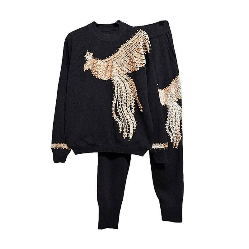 Dameskleding Sequined Sweater Harem Pinto Broek Tweedelige Set_voghion.com