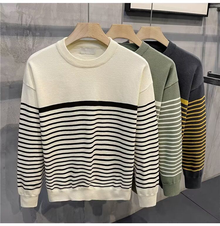 Autumn Winter New Long Sleeve Knitted Sweater Men's Striped Slim Fit Business Round Neck Base Layer_voghion.com