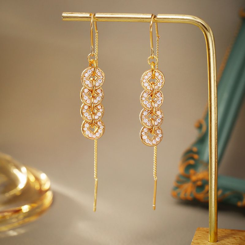 Boucles d'oreilles pendantes en forme de pièces de monnaie de style chinois - Design à long pompon, luxe léger, élégant et tendance avec une personnalité unique_voghion.com